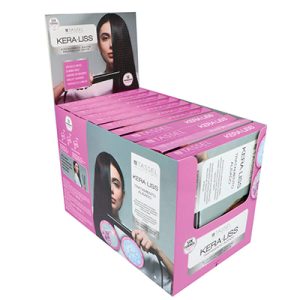 Expositor 12 tratamientos alisado Kera-liss con Acido Hialuronico Tassel. Tiene un diseño mayormente rosa con detalles en blanco y gris, y contiene varias cajas del producto dispuestas horizontalmente. H2o Akua
