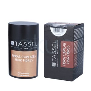 Fibras capilares Tassel 22gr. Envase cilíndrico de color negro con una etiqueta marrón clara en la parte frontal H2o Akua.