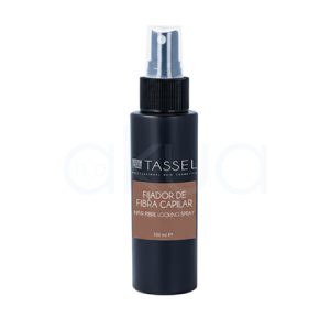 Fijador fibra capilar Tassel 100ml. De forma cilíndrica con un dosificador en spray en la parte superior. El cuerpo es de color negro mate, mientras que la etiqueta central es marrón clara, mostrando la información del producto en letras blancas. El pulverizador es de color negro con una boquilla traslúcida. H2o Akua