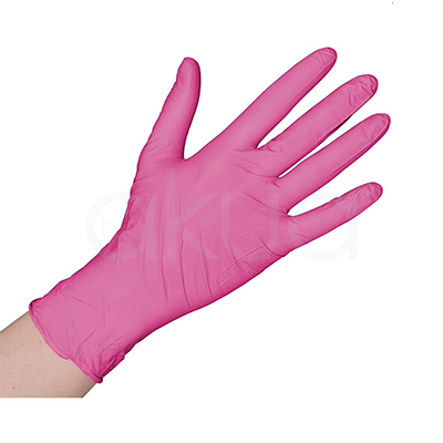 Guante nitrilo sin polvo Rosa caja 100 unid H2oAkua. El color predominante es el rosa en su totalidad.