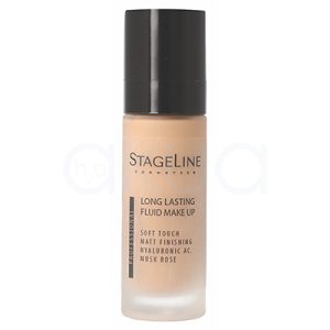 Maquillaje fluido Long Lasting Stageline 30ml. El envase es de vidrio esmerilado, con tapón negro y etiqueta minimalista que indica sus propiedades: acabado mate, tacto suave, larga duración y enriquecida con ácido hialurónico y rosa mosqueta. H2o Akua