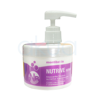 Mascarilla Nutritive Repair Montibello 500ml Outlet envase con predominio de colores blanco y violeta. El recipiente es semi-transparente y blanco, con etiqueta y detalles en tonos violeta y letras blancas y lilas. El dispensador es blanco. H2o Akua