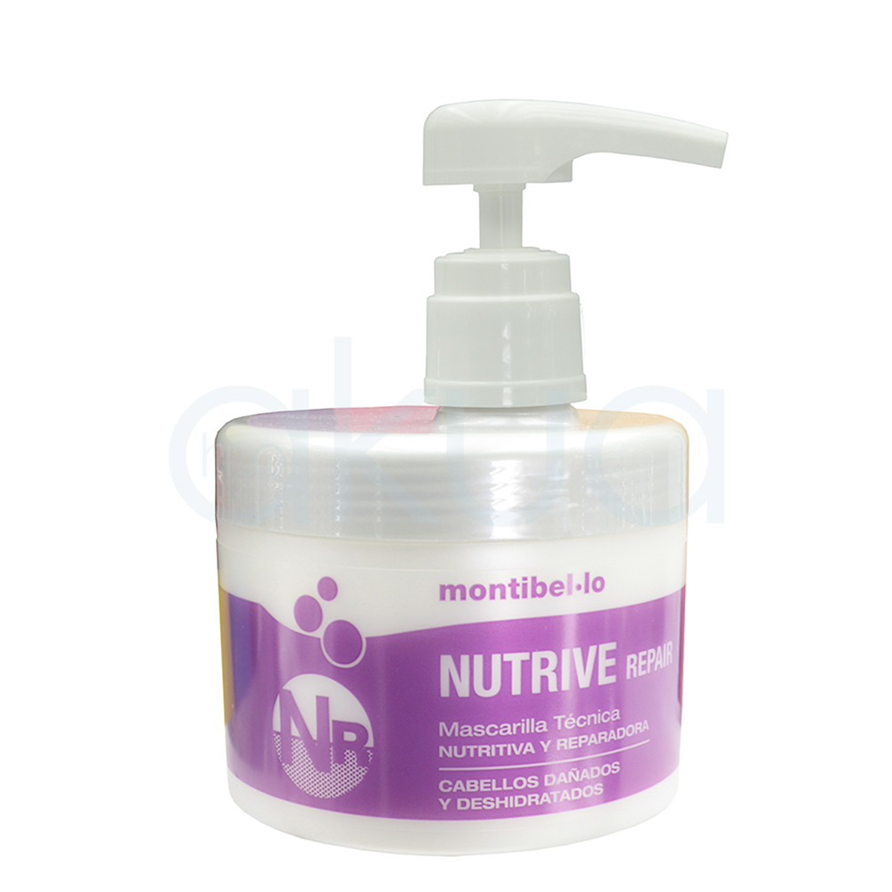 Mascarilla Nutritive Repair Montibello 500ml Outlet envase con predominio de colores blanco y violeta. El recipiente es semi-transparente y blanco, con etiqueta y detalles en tonos violeta y letras blancas y lilas. El dispensador es blanco. H2o Akua