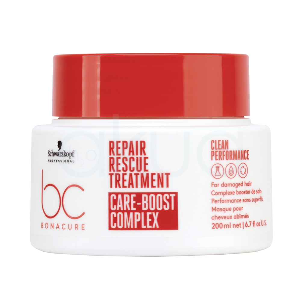 Mascarilla Repair Rescue Bonacure 200ml. El envase es principalmente blanco con detalles en rojo en la base y en el texto del frontal. H2o Akua