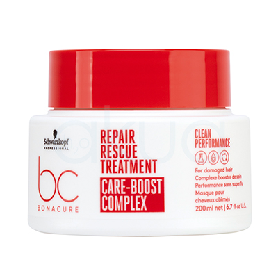 Mascarilla Repair Rescue Bonacure 200ml. El envase es principalmente blanco con detalles en rojo en la base y en el texto del frontal. H2o Akua