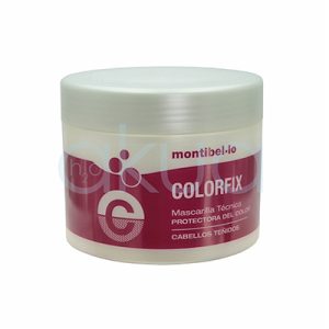 Mascarilla cabellos teñidos colorfix Montibello 500ml Outlet. El envase es mayoritariamente blanco, con una tapa satinada, y lleva una banda violeta/rosada que recorre la etiqueta. H2o Akua
