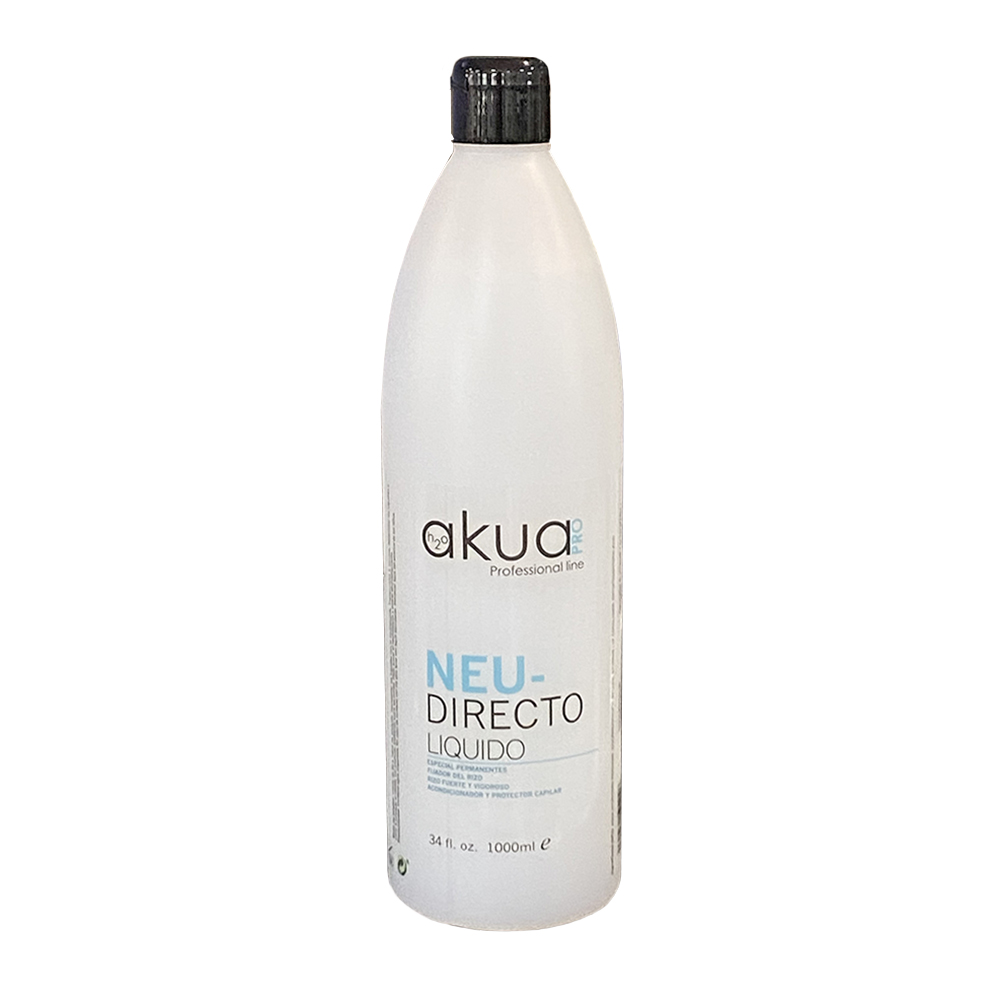 Neutralizante para rizos H2oAkua 1000ml. Envase de forma cilíndrica, con base circular y un tapón negro en la parte superior. El cuerpo del envase es de color blanco opaco con textos impresos en negro y azul.