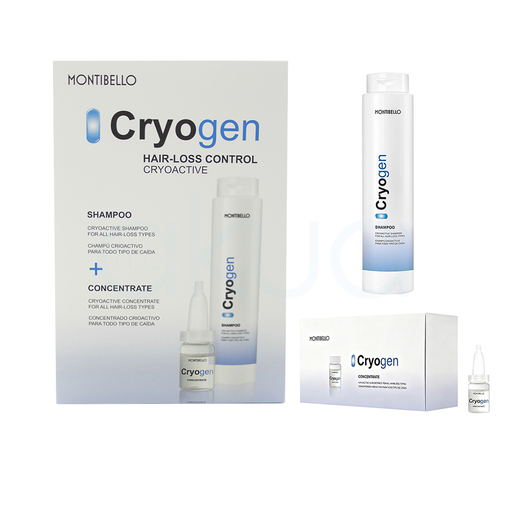 Pack Cryogen anticaida Montibello. Muestra un estuche promocional del sistema anticaída Montibello Cryogen, que incluye tanto el champu crioactivo como el concentrado en ampollas con predominio de blanco y detalles en azul. H2o Akua