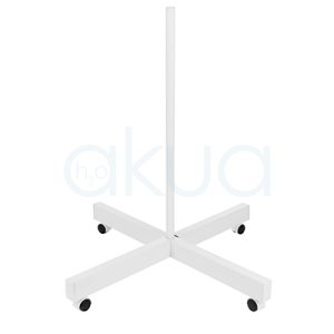 Pie lupa cruz 4 ruedas. Base móvil de color blanco con cinco ruedas pequeñas y una estructura en forma de cruz, diseñada para dar estabilidad a equipos profesionales.