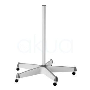 Pie lupa cruz 5 ruedas. Base de pie móvil de color blanco y gris con cinco ruedas, diseñada para proporcionar estabilidad y movilidad. H2o Akua