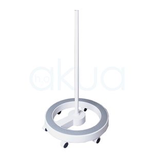 Pie lupa redondo 6 ruedas Base circular móvil de color blanco, equipada con varias ruedas pequeñas y un tubo vertical central, diseñada para aportar estabilidad y movilidad a equipos profesionales. H2o Akua