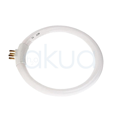 Repuesto tubo fluorescente 22W lupa T5 Tubo fluorescente circular de color blanco, con cuatro pines metálicos para conexión en un extremo. Está etiquetado como T5 22W, indicando el tipo y potencia del tubo, y es utilizado como repuesto en lámparas profesionales, especialmente en lupas de aumento y equipos de iluminación técnica