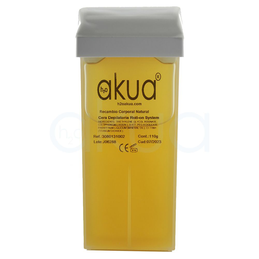 Rolon Cera Natural (miel) H2oakua 110gr. El color principal es amarillo dorado, correspondiente al contenido del envase rectangular con tapa blanca, que parece translúcido.