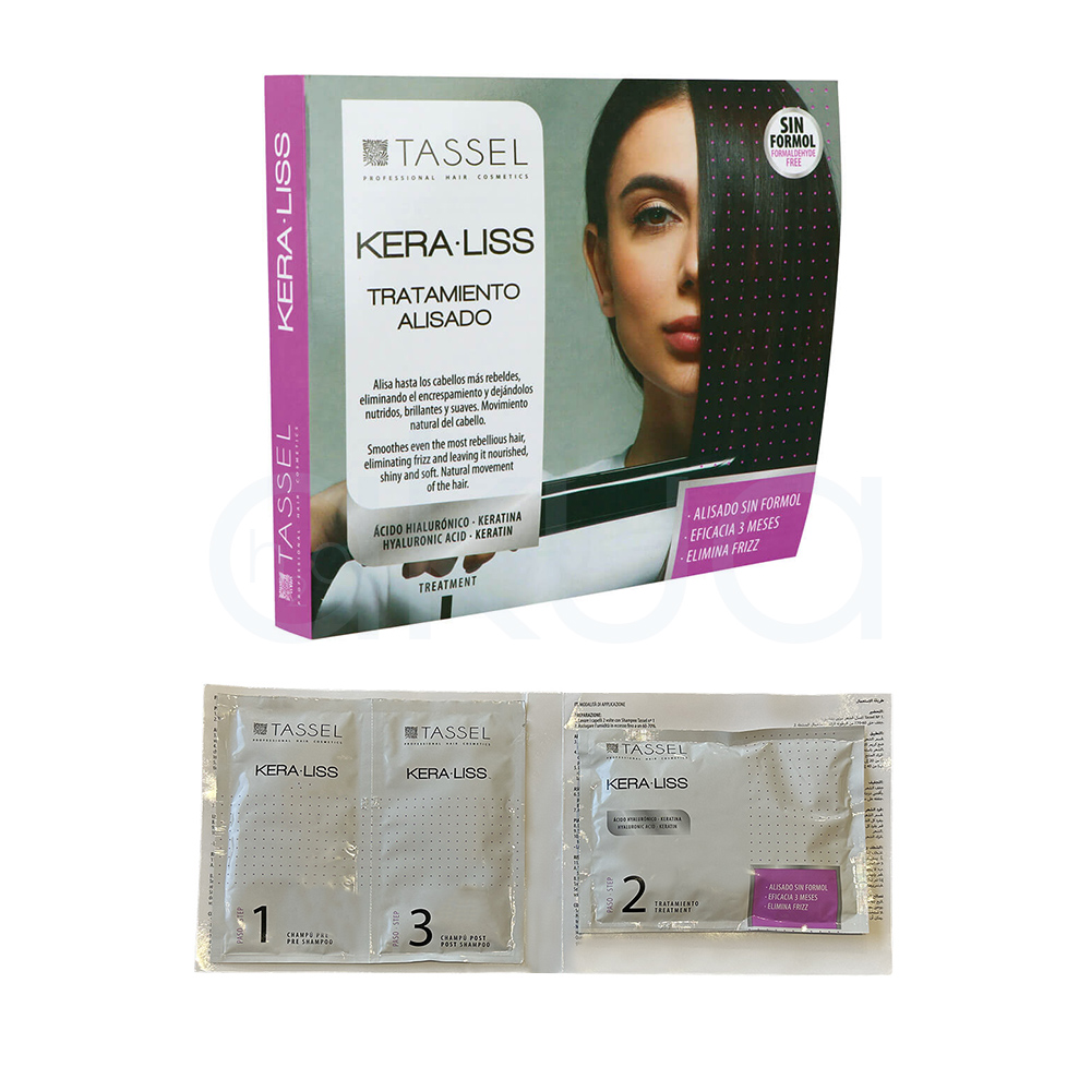 Tratamiento alisado Kera-liss con Acido Hialuronico Tassel. Se presenta en sobres plastificados de 3 etapas en color blanco. H2o Akua