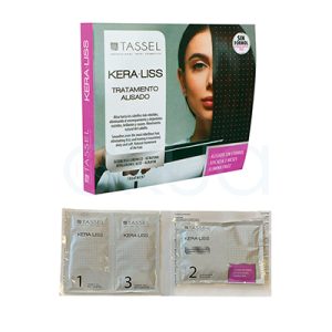 Tratamiento alisado Kera-liss con Acido Hialuronico Tassel. Se presenta en sobres plastificados de 3 etapas en color blanco. H2o Akua