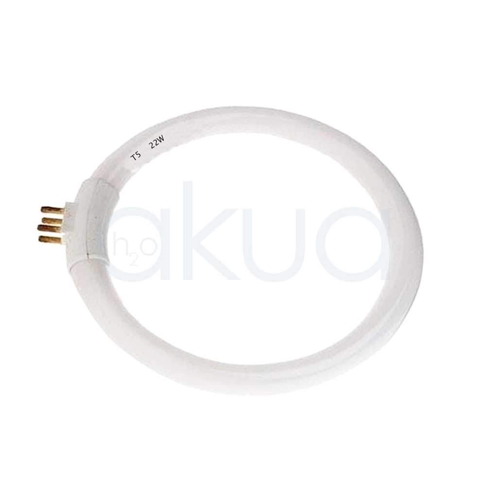 Repuesto tubo fluorescente 22W lupa T5 Tubo fluorescente circular de color blanco, con cuatro pines metálicos para conexión en un extremo. Está etiquetado como T5 22W, indicando el tipo y potencia del tubo, y es utilizado como repuesto en lámparas profesionales, especialmente en lupas de aumento y equipos de iluminación técnica