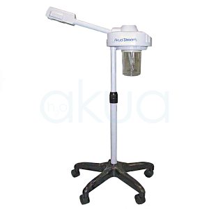 Vapor ozono con aromaterapia H2oAkua. Se muestra con base rodante en color negro, brazo articulado en blanco y depósito transparente para agua.