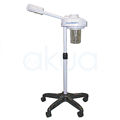 Vapor ozono con aromaterapia H2oAkua. Se muestra con base rodante en color negro, brazo articulado en blanco y depósito transparente para agua.