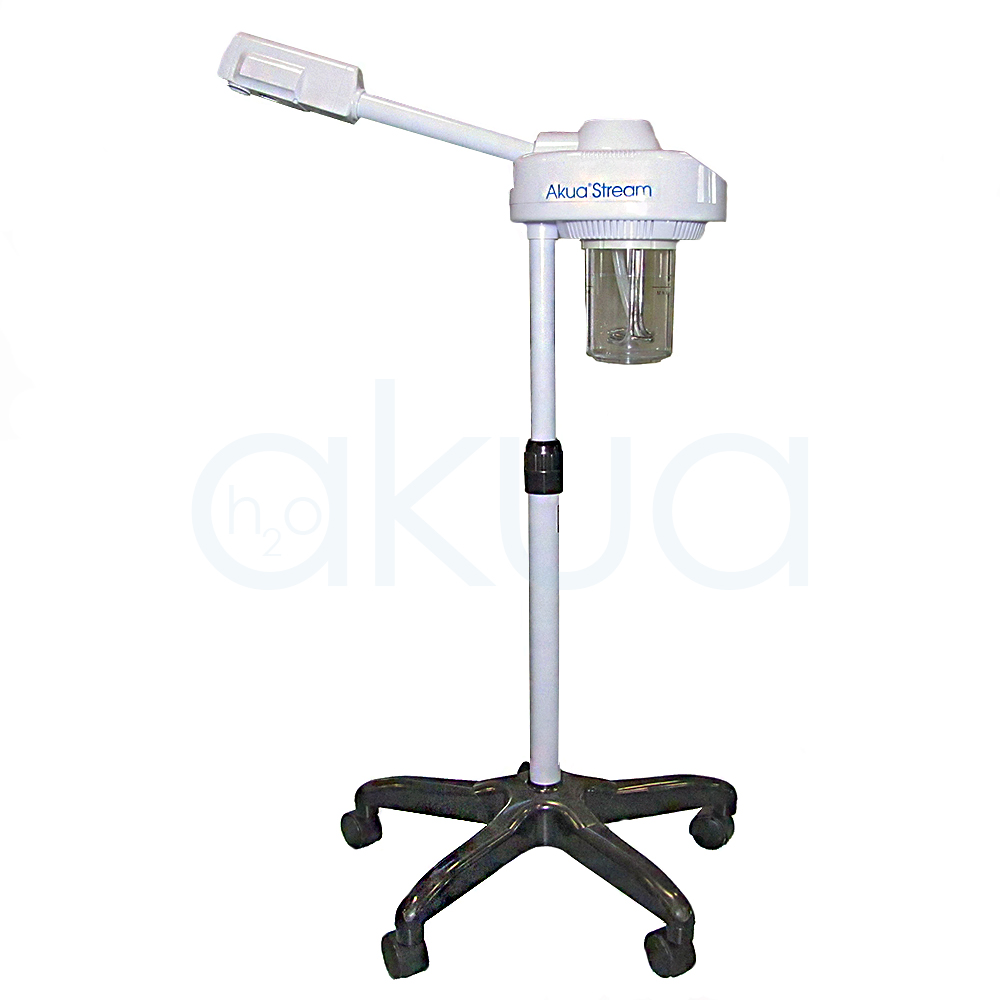 Vapor ozono con aromaterapia H2oAkua. Se muestra con base rodante en color negro, brazo articulado en blanco y depósito transparente para agua.