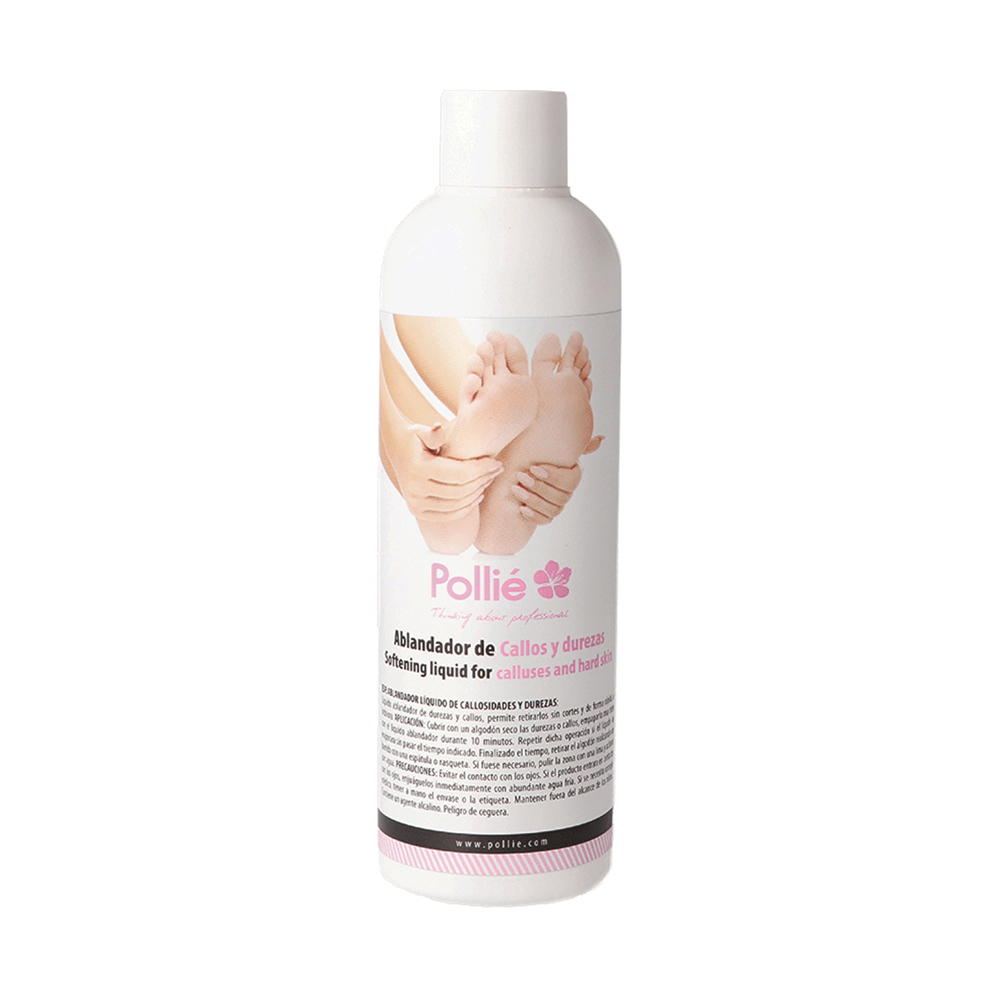 Ablandador liquidos callos y durezas Pollie 250ml. Envase cilíndrico, de color blanco, con tapa de rosca, utilizado para productos líquidos de cosmética y cuidado personal. H2o Akua