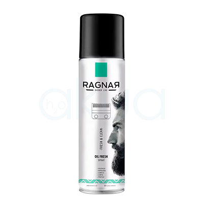 Aceite lubricante refrigerante para maquinas Ragnar 500ml. Envase cilíndrico de spray, con base y cuerpo plateado, tapón negro brillante y detalles gráficos en negro y turquesa. H2o Akua