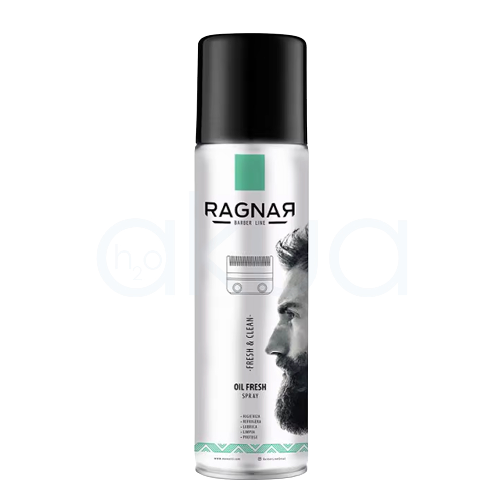 Aceite lubricante refrigerante para maquinas Ragnar 500ml. Envase cilíndrico de spray, con base y cuerpo plateado, tapón negro brillante y detalles gráficos en negro y turquesa. H2o Akua
