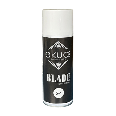 Aceite desinfectante para maquinas Blade 400ml Tiene forma cilíndrica alargada con un tapón superior de perfil recto. El cuerpo del envase es mayormente de color negro, mientras que el tapón es blanco y también hay detalles blancos en el diseño gráfico y el texto de la etiqueta