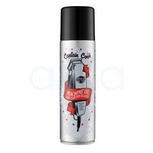 Aceite desinfectante para maquinas captain cook 500ml. Envase cilíndrico de spray con tapón de color negro. El cuerpo principal del envase es de color plateado con ilustraciones de una máquina de cortar cabello en tonos grises, y detalles gráficos en rojo, azul y blanco, así como texto en negro y rojo. H2o akua