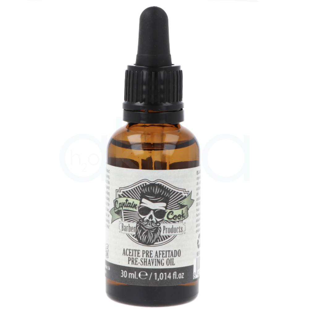 Aceite pre afeitado Captain Cook 30ml. Envase de vidrio ámbar con gotero negro de 30 ml. H2o Akua