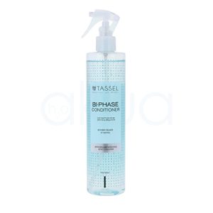 Acondicionador Bi-Phase Tassel 500ml. Envase cilíndrico de plástico translúcido con un dispensador tipo spray en la parte superior. El envase es principalmente de color azul claro, con una parte superior y detalles en blanco. El diseño destaca por un patrón de puntos pequeños distribuidos uniformemente a lo largo del cuerpo del recipiente.H2o Akua