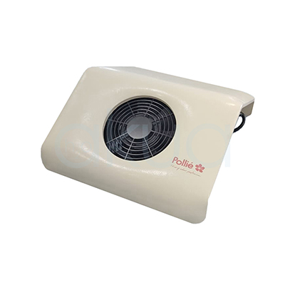 Aspirador Pollie Manos + 3 Bolsas Recambio.De color blanco o marfil, con un diseño rectangular compacto y bordes suavemente redondeados. Presenta un ventilador circular negro en la parte superior y la marca "Pollié" en rosa. Incluye tres bolsas blancas de tela que se colocan para recoger el polvo. H2o Akua