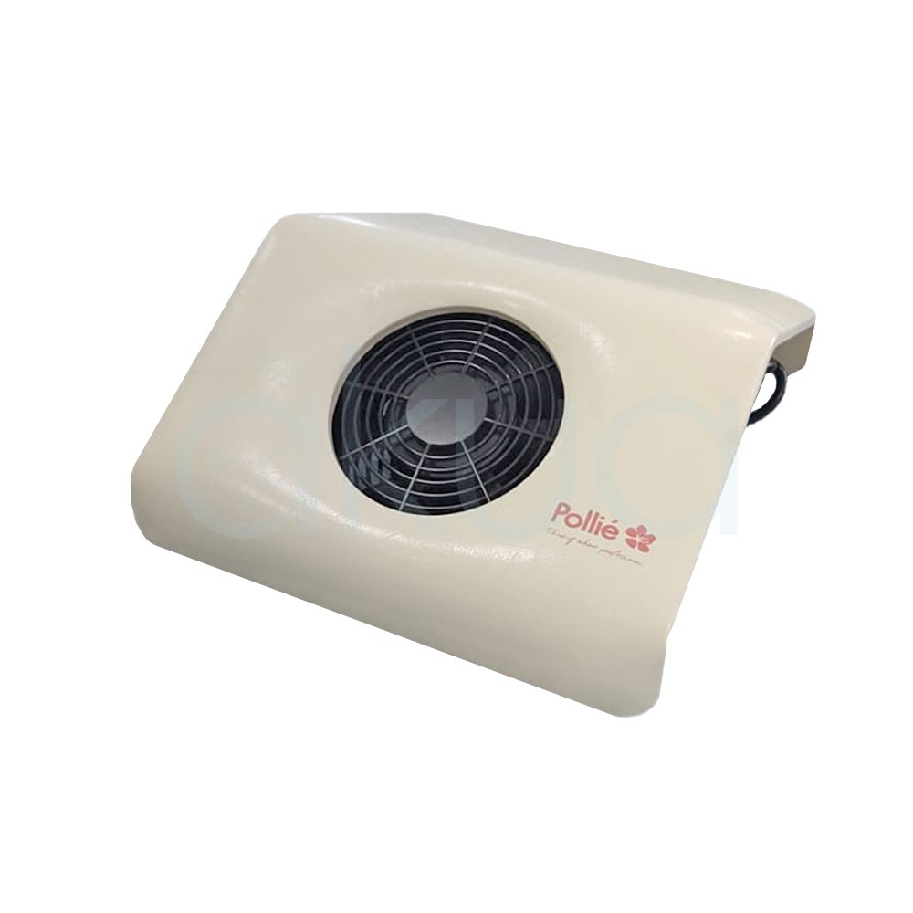 Aspirador Pollie Manos + 3 Bolsas Recambio.De color blanco o marfil, con un diseño rectangular compacto y bordes suavemente redondeados. Presenta un ventilador circular negro en la parte superior y la marca "Pollié" en rosa. Incluye tres bolsas blancas de tela que se colocan para recoger el polvo. H2o Akua