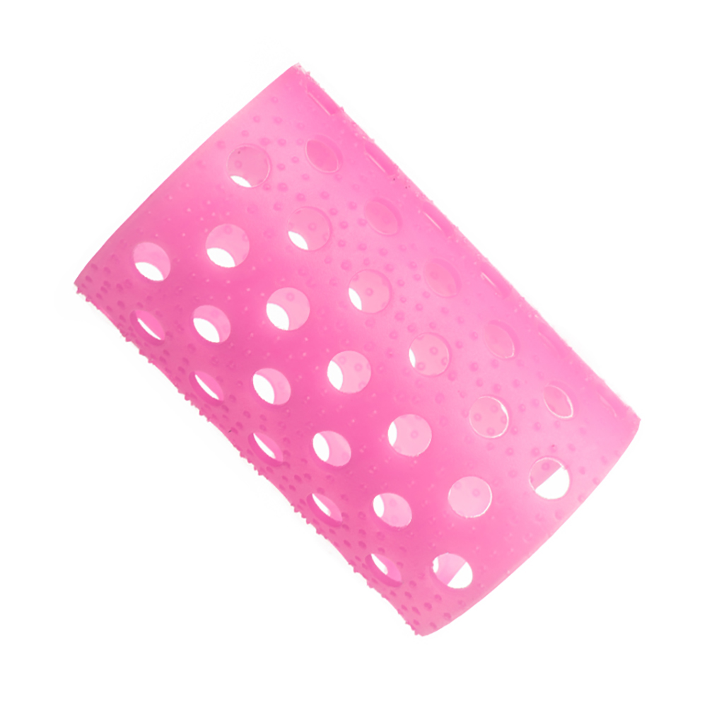 Bolsa 12 rulos rosa 37mm 00005. El color principal de es rosa. El objeto tiene el aspecto de un rulo para el cabello o un cilindro para fijación capilar, usado habitualmente en peluquería para dar forma y volumen al pelo. H2o Akua