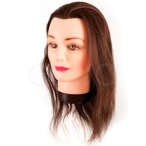 Cabeza maniqui 35-40cm pelo natural.con cabello castaño natural, de longitud media (35-40 cm), textura lisa con leves ondas y base estándar para fijación en soportes de mesa o trípode. H2o Akua