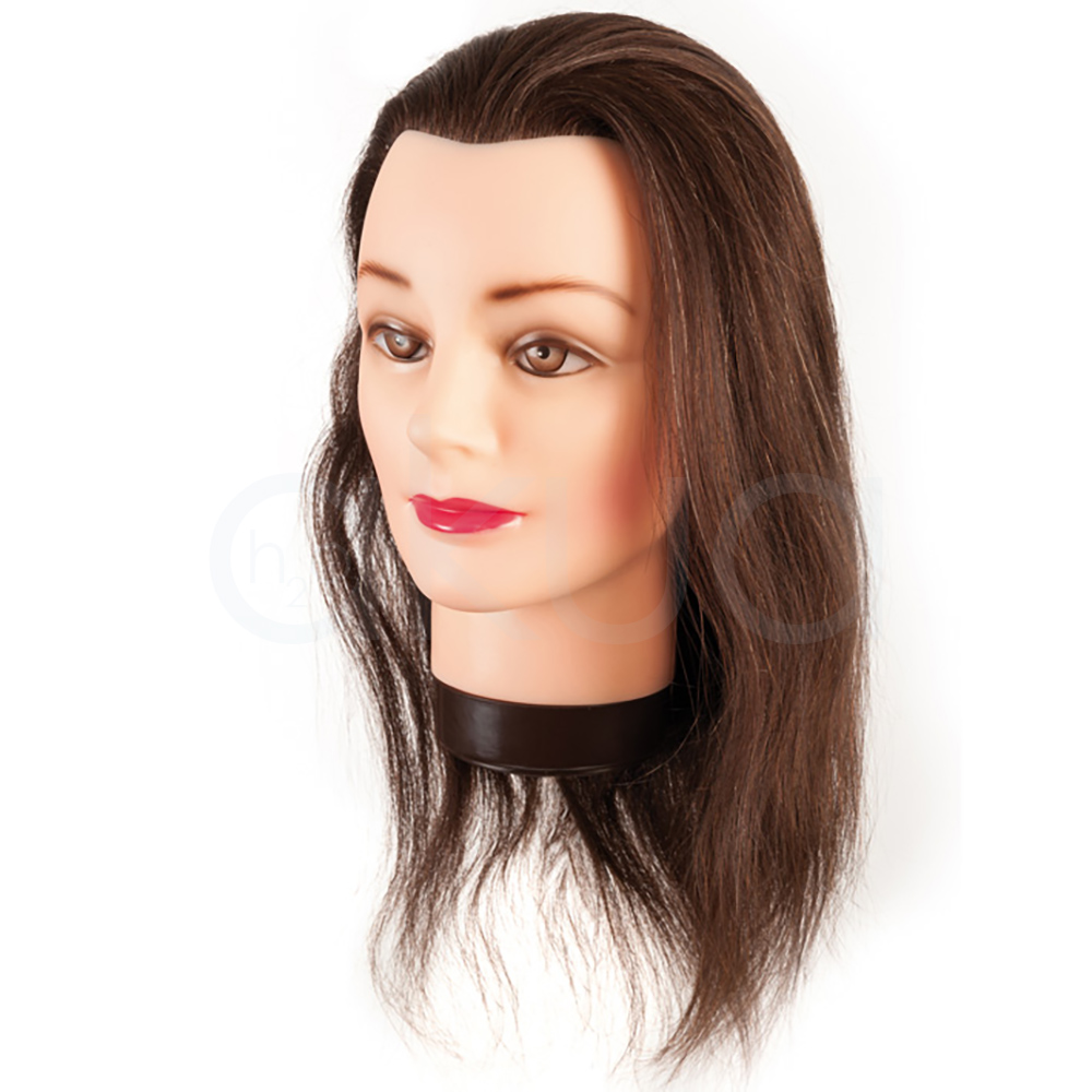 Cabeza maniqui 35-40cm pelo natural.con cabello castaño natural, de longitud media (35-40 cm), textura lisa con leves ondas y base estándar para fijación en soportes de mesa o trípode. H2o Akua
