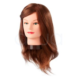 Cabeza maniqui Amber 35-40cm pelo natural. Cabeza de maniquí para peluquería con cabello castaño de longitud media-larga y textura lisa a ligeramente ondulada. El maniquí tiene una base de sujeción que permite montarlo en soportes de mesa para trabajar cómodamente. H2o Akua