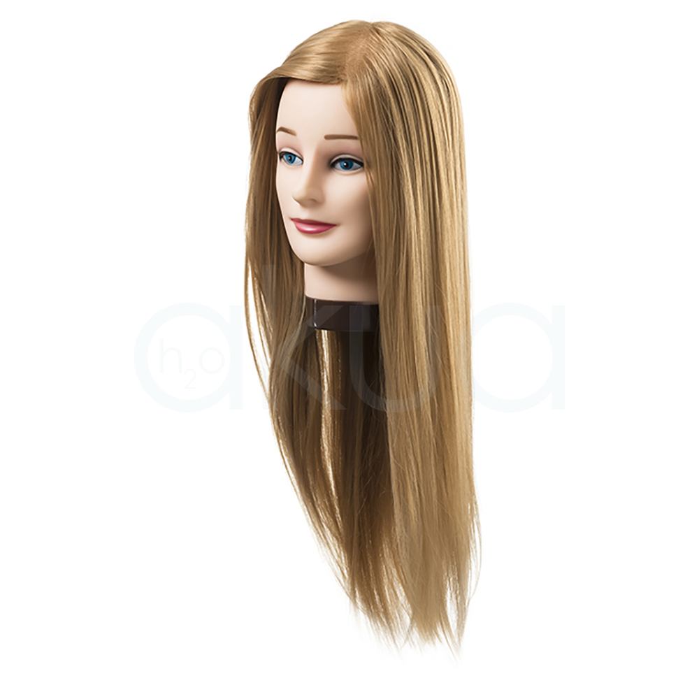 Cabeza maniqui Cindy 45-55cm cabello sintetico. Cabeza de maniquí de peluquería llamada con cabello sintético rubio claro, liso, y de longitud larga (aproximadamente 45-55 cm). El pelo está densamente implantado y la base de sujeción es estándar, ideal para fijarla a soportes de mesa o trípode. H2o Akua
