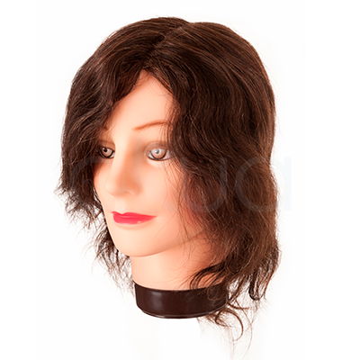 Cabeza maniqui academia 20-30cm pelo natural. Cabeza de maniquí academia con cabello castaño de longitud corta-media, aproximadamente entre 20 y 30 cm, de textura ligeramente ondulada y con base estándar para montar sobre soportes de mesa. H2o Akua