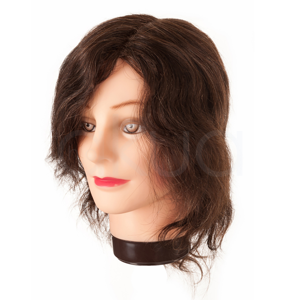 Cabeza maniqui academia 20-30cm pelo natural. Cabeza de maniquí academia con cabello castaño de longitud corta-media, aproximadamente entre 20 y 30 cm, de textura ligeramente ondulada y con base estándar para montar sobre soportes de mesa. H2o Akua
