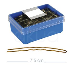 Caja 150 horquillas bronce curva rizada moño 04542. Caja de plástico azul con tapa transparente, utilizada para guardar horquillas para el cabello de color bronce. Sobre la caja aparece una etiqueta blanca. Delante de la caja se ve claramente una horquilla bronce, con diseño curvo y una longitud de 7,5 cm, lo cual está indicado en la parte inferior de la imagen junto a una línea de referencia. H2o Akua