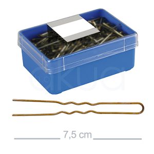 Caja 150 horquillas bronce recta rizada moño 04540. Caja de plástico azul con tapa transparente, utilizada para guardar horquillas para el cabello de color bronce. Sobre la caja aparece una etiqueta blanca. Delante de la caja se ve claramente una horquilla bronce, con diseño curvo y una longitud de 7,5 cm, lo cual está indicado en la parte inferior de la imagen junto a una línea de referencia. H2o Akua