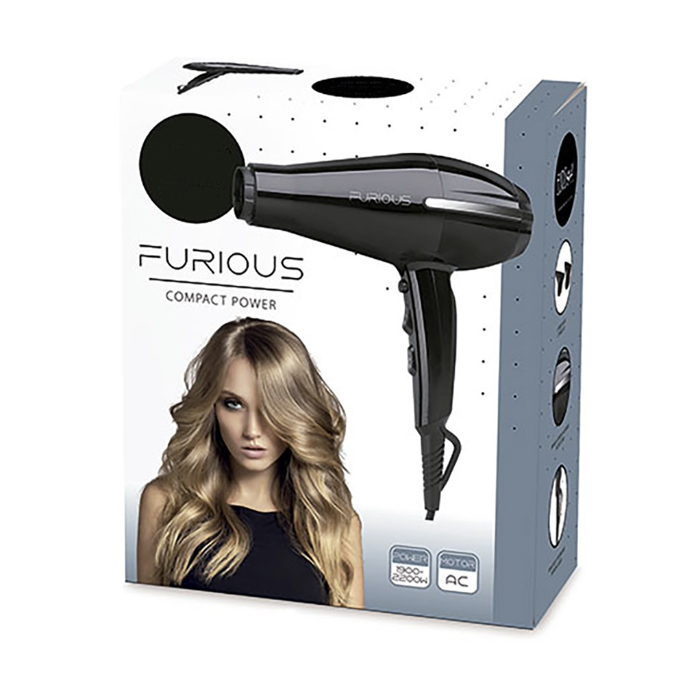 Secador Furious Eurostil 2200W. Presenta un diseño tipo pistola, con líneas modernas y acabado brillante en color negro; incluye detalles en blanco y la marca "Furious" en letras plateadas sobre el lateral. Su forma es ergonómica, compacta y cuenta con botones de control integrados en el mango, ideal para manejo profesional. H2o Akua