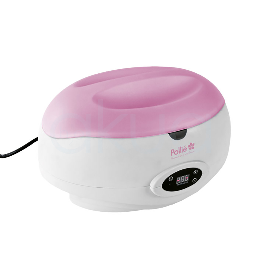 Fundidor parafina manos y pies 2kg pollie 06335. El aparato tiene forma ovalada y es de color blanco con tapa superior rosa. En el frontal dispone de un display digital y controles para ajustar la temperatura. H2o Akua