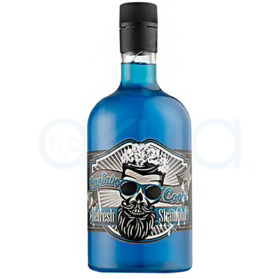 Champu refrescante Captain Cook 750ml. Envase de champú azul translúcido con diseño retro-barbería, etiqueta llamativa y tapón negro a rosca. H2o Akua