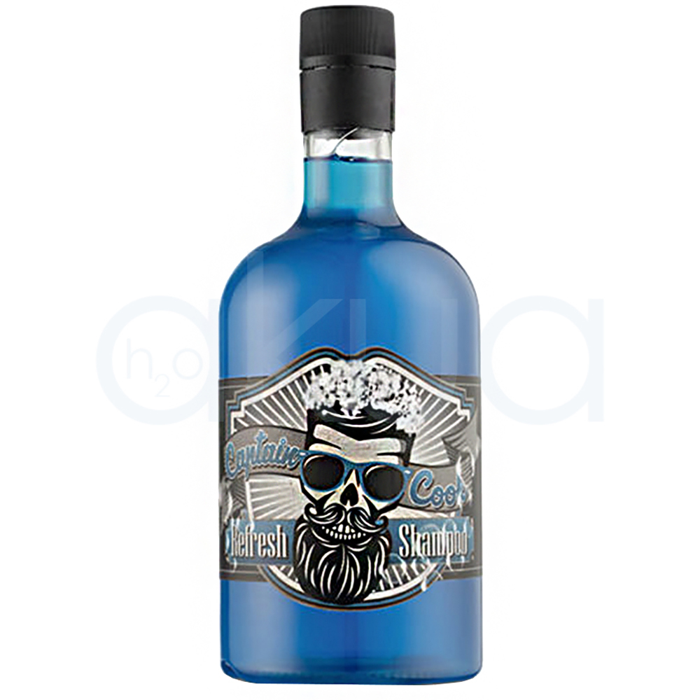 Champu refrescante Captain Cook 750ml. Envase de champú azul translúcido con diseño retro-barbería, etiqueta llamativa y tapón negro a rosca. H2o Akua
