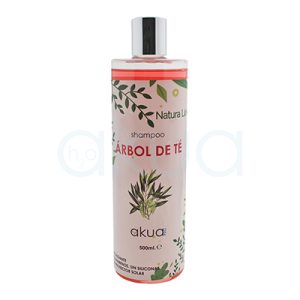 Champu Natura Árbol del Té H2oAkua 500ml. Envase cilíndrico de plástico con tapa plateada, correspondiente a un shampoo de la marca Akua Pro. En la etiqueta se lee “Natura Line shampoo ÁRBOL DE TÉ”, junto a una ilustración de hojas y ramas que evocan un aspecto natural y orgánico. El envase tiene una capacidad de 500 mL y destaca que el producto es antioxidante, sin parabenos, sin siliconas y con protector solar.