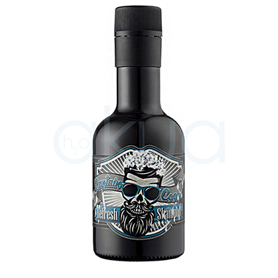 Champu refrescante Captain Cook 250ml. Envase de champú negro con diseño retro-barbería, etiqueta llamativa y tapón negro a rosca. H2o Akua