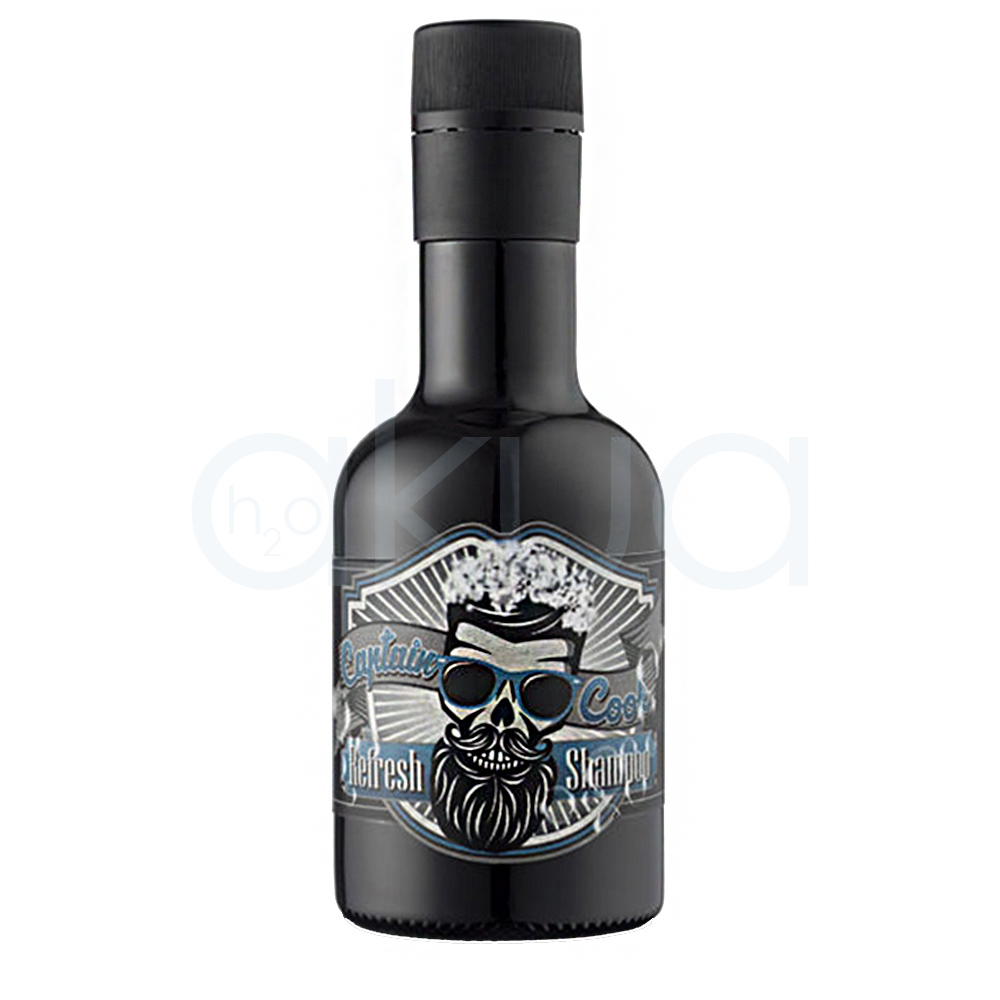 Champu refrescante Captain Cook 250ml. Envase de champú negro con diseño retro-barbería, etiqueta llamativa y tapón negro a rosca. H2o Akua