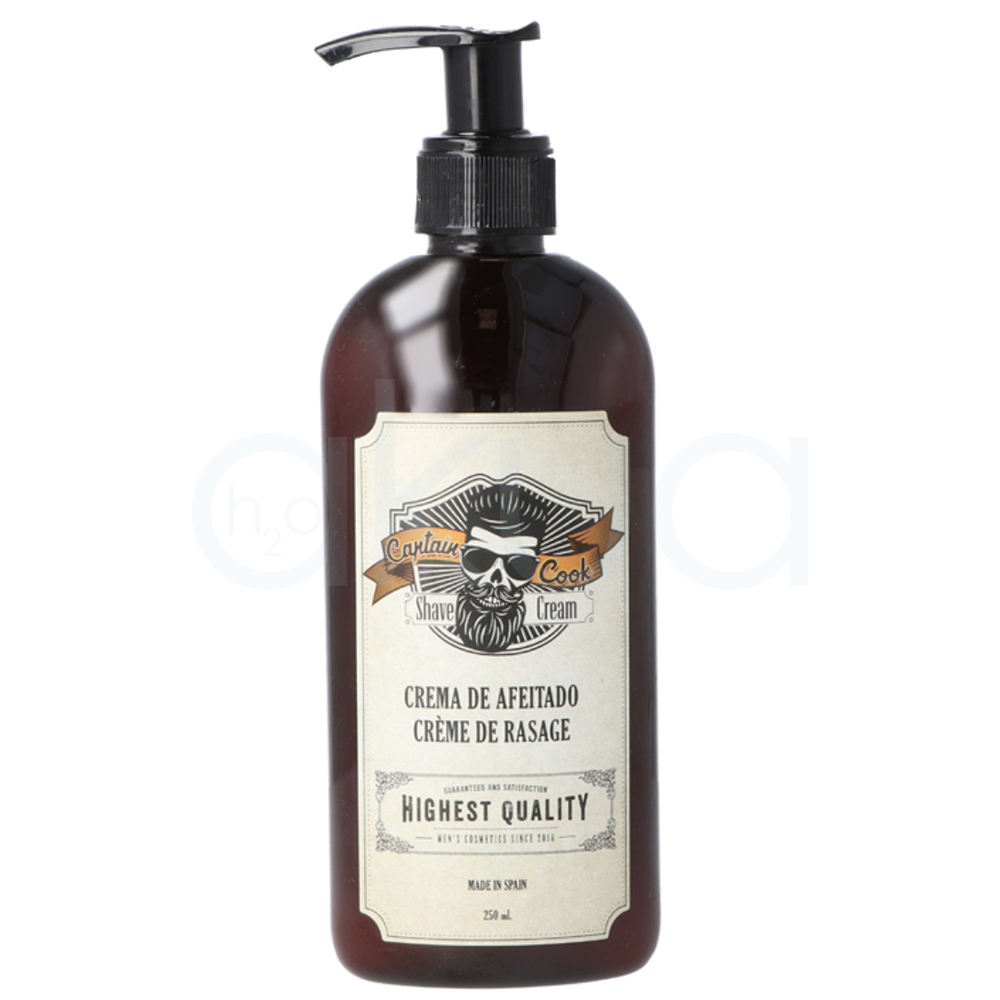 Crema de afeitado Captain Cook 250ml. Envase de crema para afeitado, de color ámbar con un dosificador negro y etiqueta vintage de estilo barbería en tonos beige y azul. H2o Akua