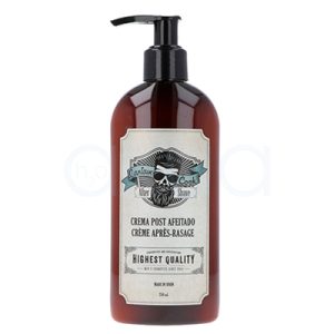 Crema post afeitado Captain Cook 250ml. Envase de crema post afeitado, de color ámbar con un dosificador negro y etiqueta vintage de estilo barbería en tonos beige y azul. H2o Akua